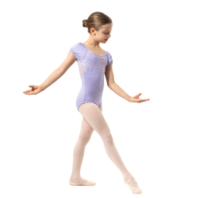 Capezio Lotus Leotard, Kurzarmtrikot für Mädchen mit Blumenmuster - Violett - lavender