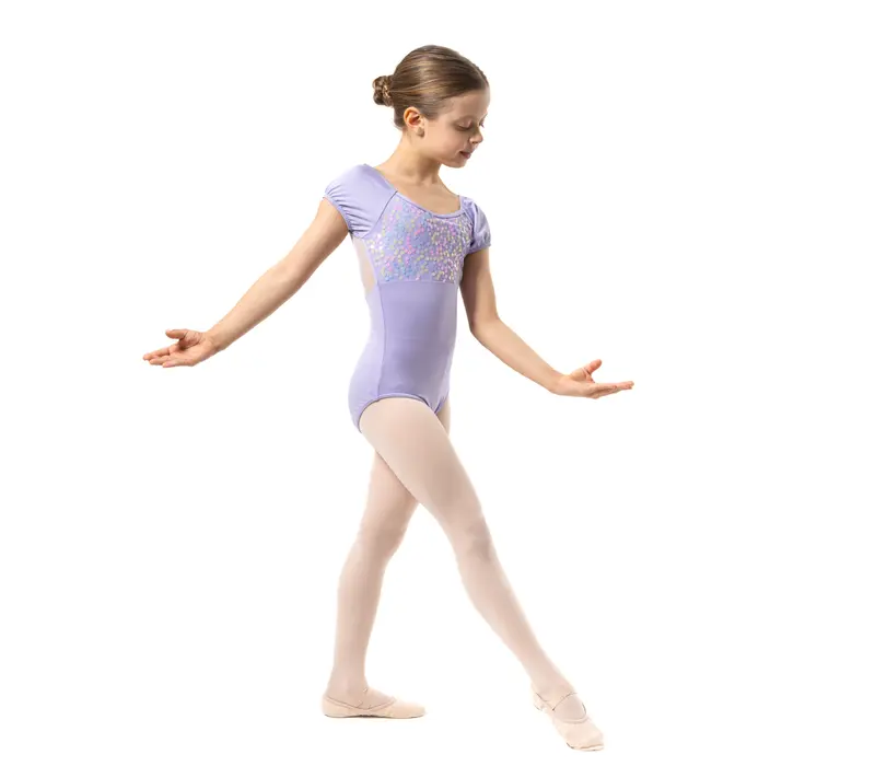 Capezio Lotus Leotard, Kurzarmtrikot für Mädchen mit Blumenmuster - Violett - lavender