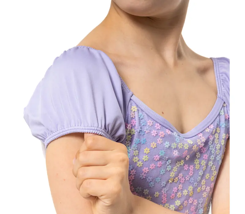 Capezio Lotus Leotard, Kurzarmtrikot für Mädchen mit Blumenmuster - Violett - lavender