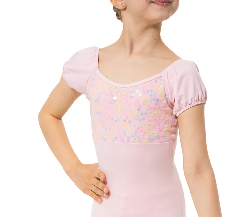 Capezio Lotus Leotard, Kurzarmtrikot für Mädchen mit Blumenmuster - Rosa Capezio
