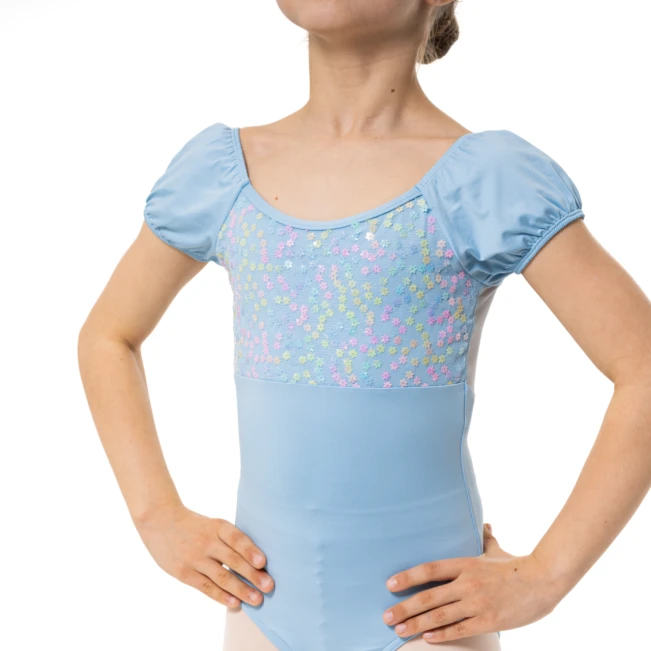 Capezio Lotus Leotard, Kurzarmtrikot für Mädchen mit Blumenmuster - Hellblau Capezio