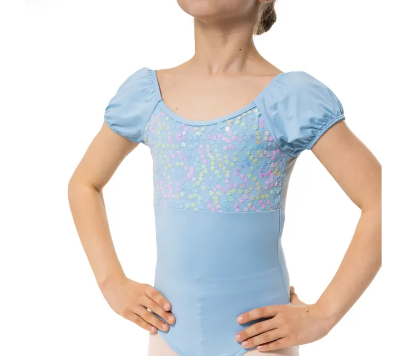Capezio Lotus Leotard, Kurzarmtrikot für Mädchen mit Blumenmuster - Hellblau Capezio