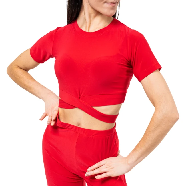 FSD Beny, Damen-Top mit kurzem Ärmel und Bindeband - Rot - red