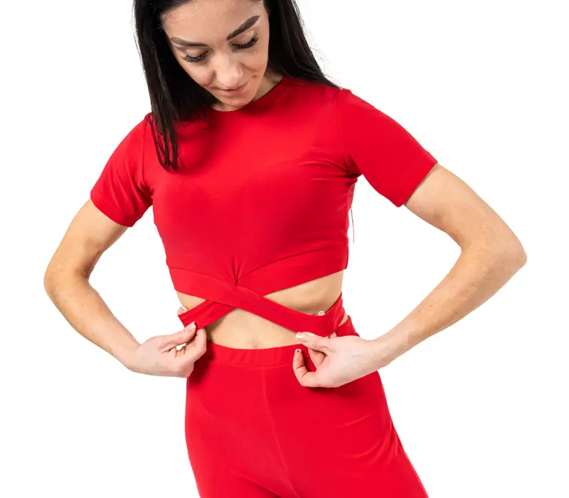 FSD Beny, Damen-Top mit kurzem Ärmel und Bindeband - Rot - red