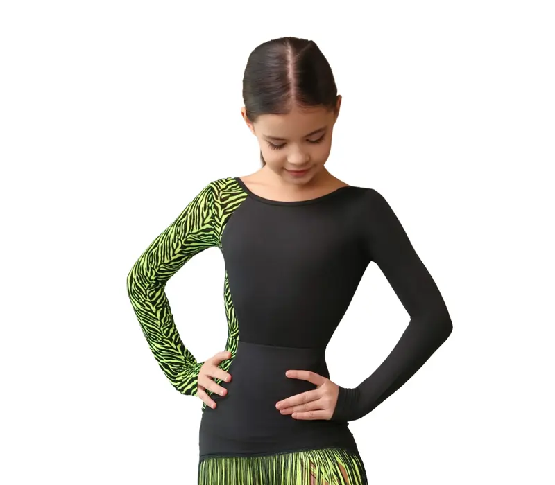 Grand Prix Dolly, Mädchen-Body mit langem Ärmel - Schwarz/tropisches Limettengrün GP